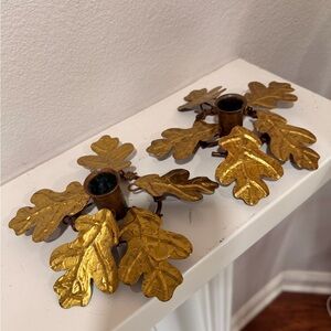 Set of 2 Vintage Gold Leaf Candle Holders Oak Leaf Brass Taper